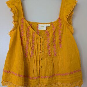 Maeve by Anthropologie Embroidered Top Yellow and Pink Size XS